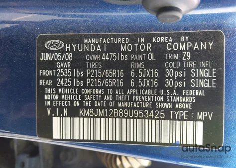 2009 Hyundai Tucson Gls z USA, uszkodzony, nr VIN KM8JM12B89U953425